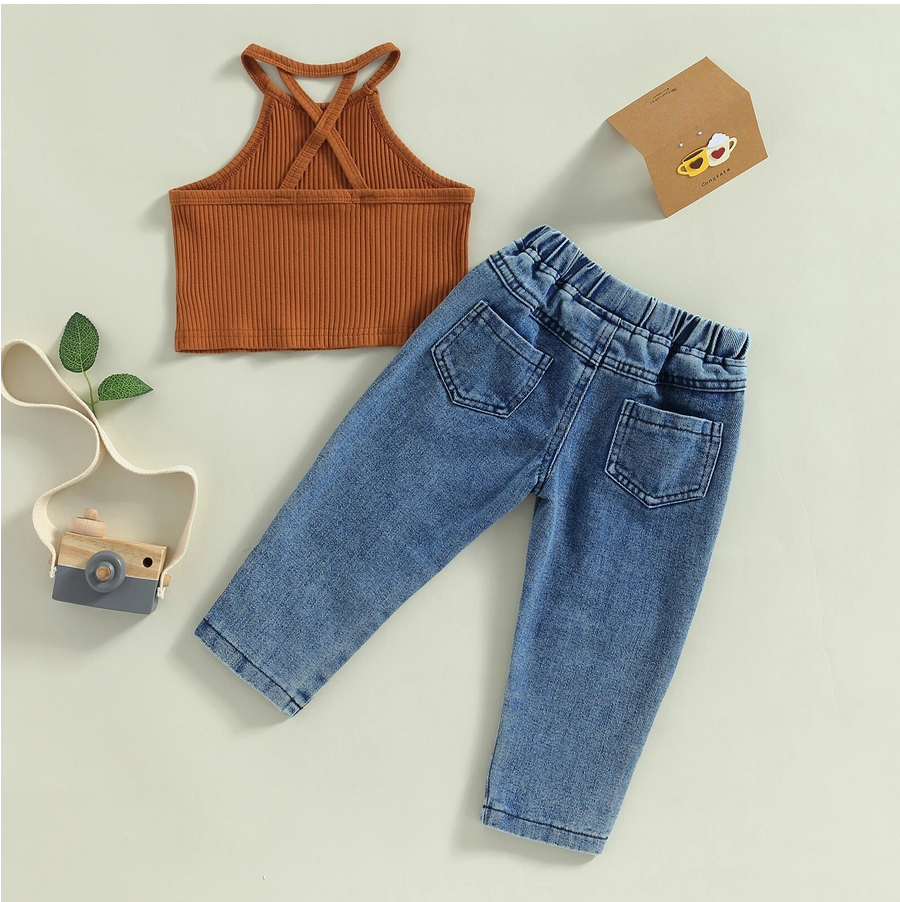 Bae Ribbed Cropped Top and Boyfriend Jeans 2 Piece - Brown