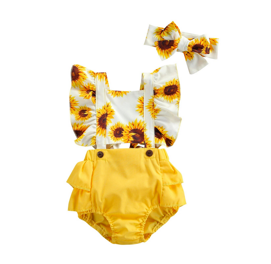 Baby flutter sleeve cross back romper - Yellow Sunflower