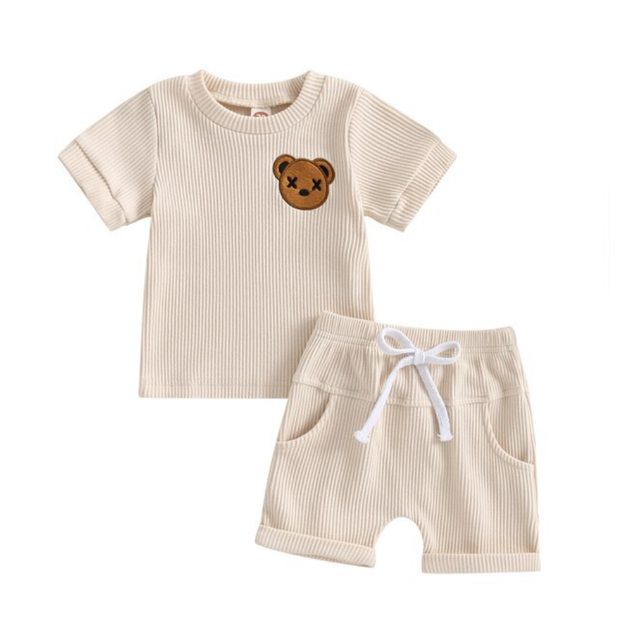 Ribbed Bear Stitched 2 Piece - Cream