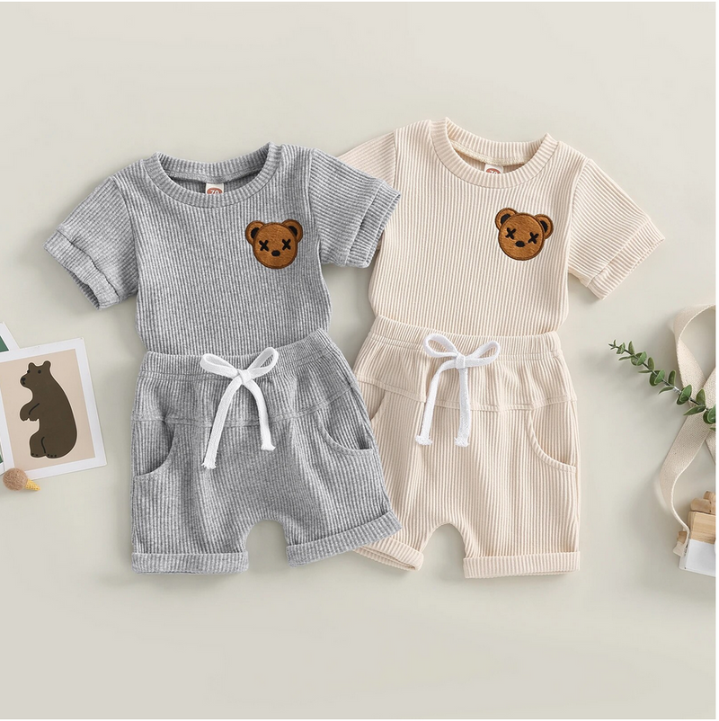 Ribbed Bear Stitched 2 Piece - Cream
