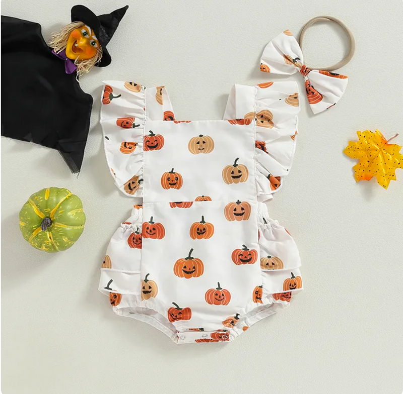 Baby flutter sleeve cross back romper - Halloween Pumpkin