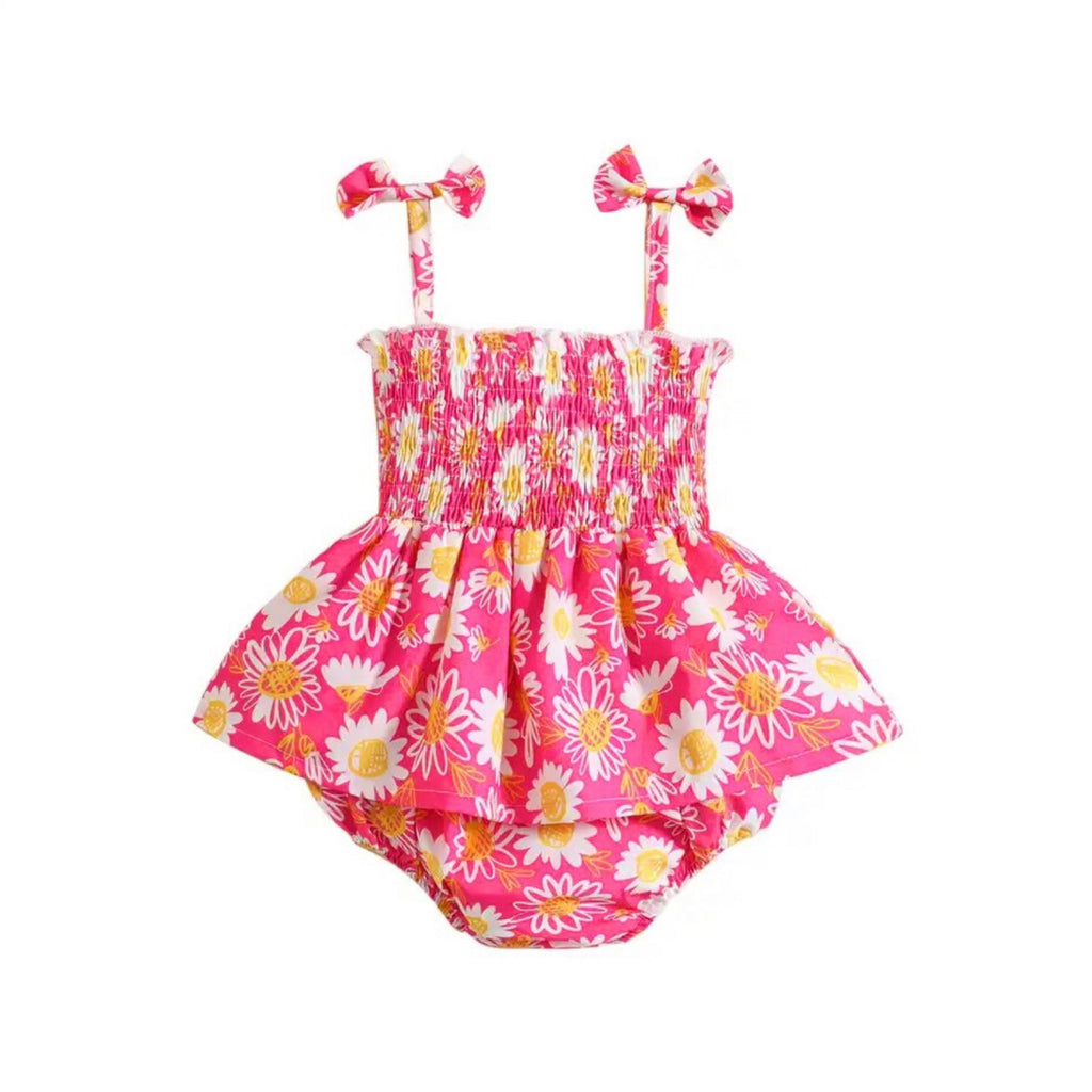 Ruched Strapped Sleeveless Romper - Pink Daisy