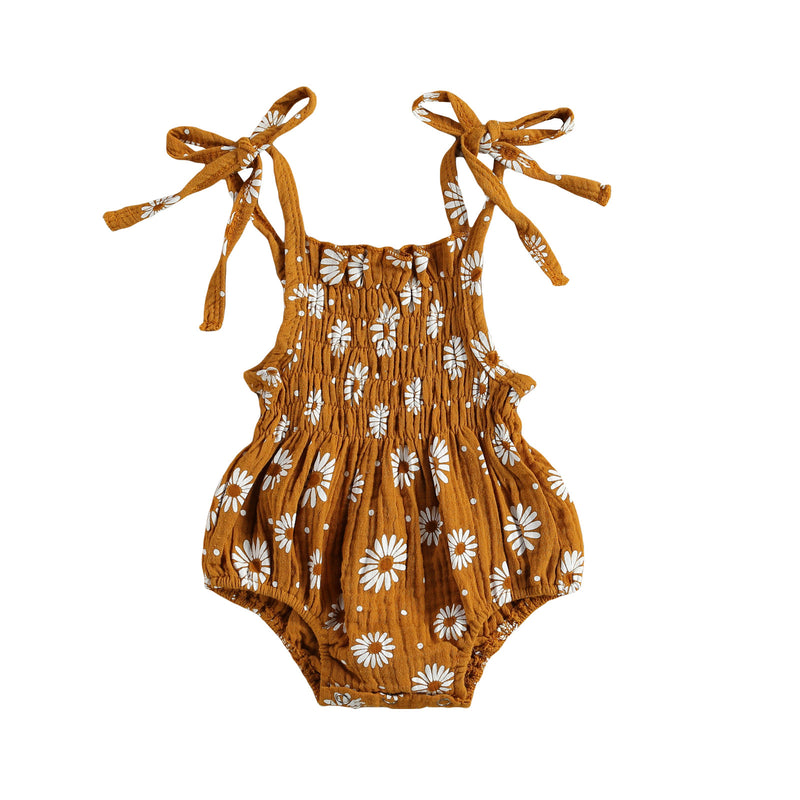 Loose fit tied spagetti strap onesie - Brown Daisy