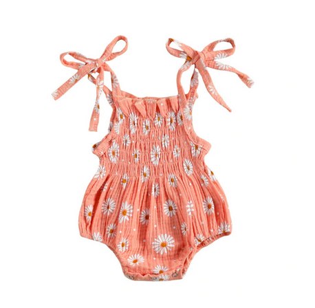 Loose fit tied spagetti strap onesie - Peach Daisy