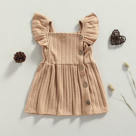 Knitted Ruffled Sleeve Dress - Brown