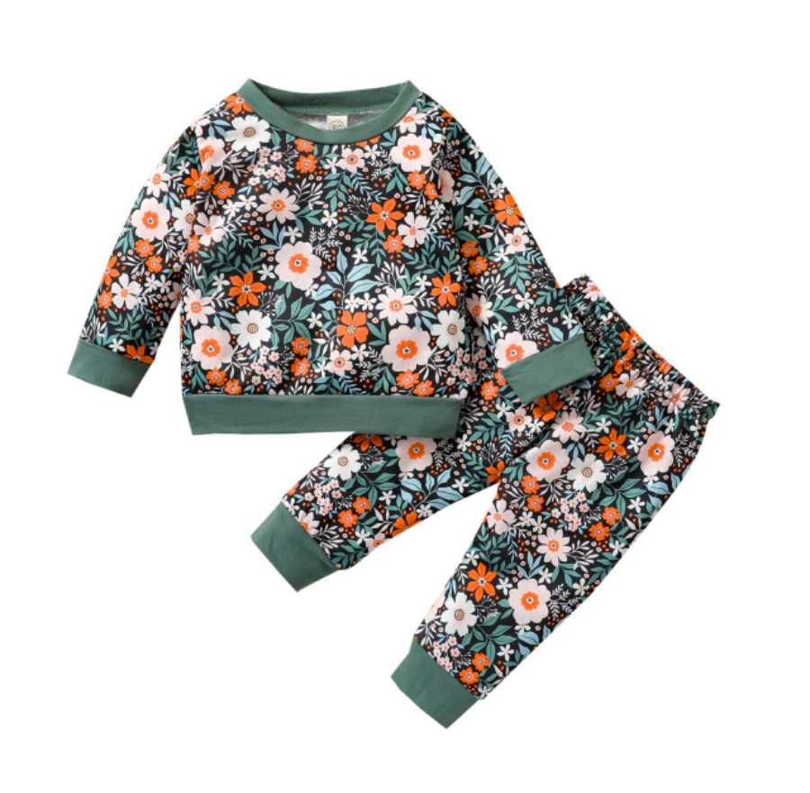 Floral Girls Tracksuit - Green