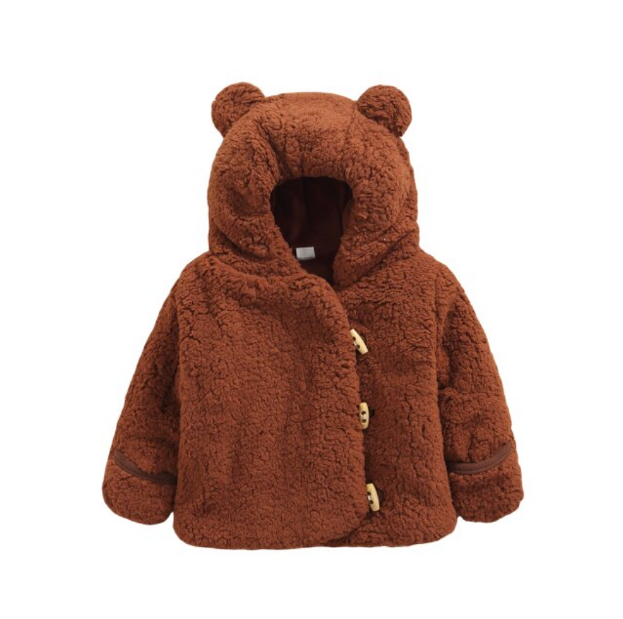 Baby Girl Plush Hooded Jacket - Brown