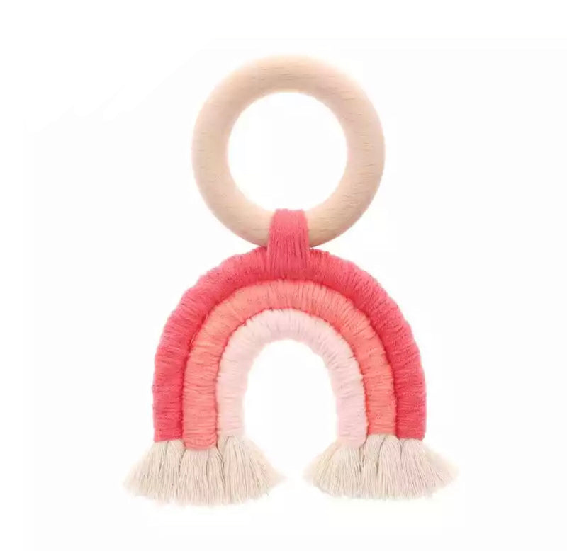 Rainbow Macrame Tassel Teething Ring - Hot Pink/Peach