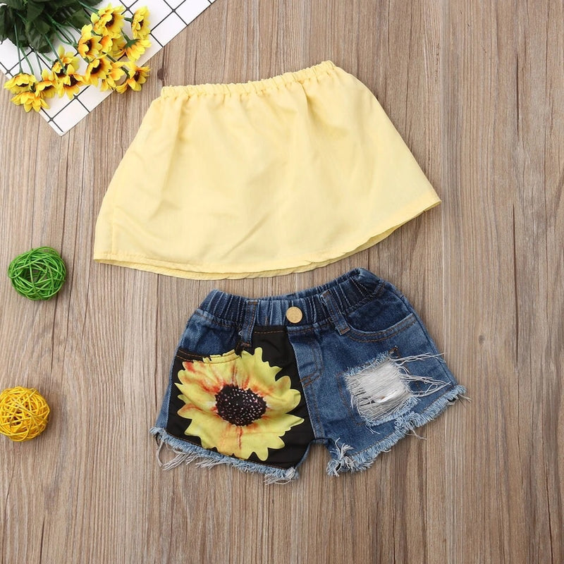 2 piece tube top and sunflower shorts set