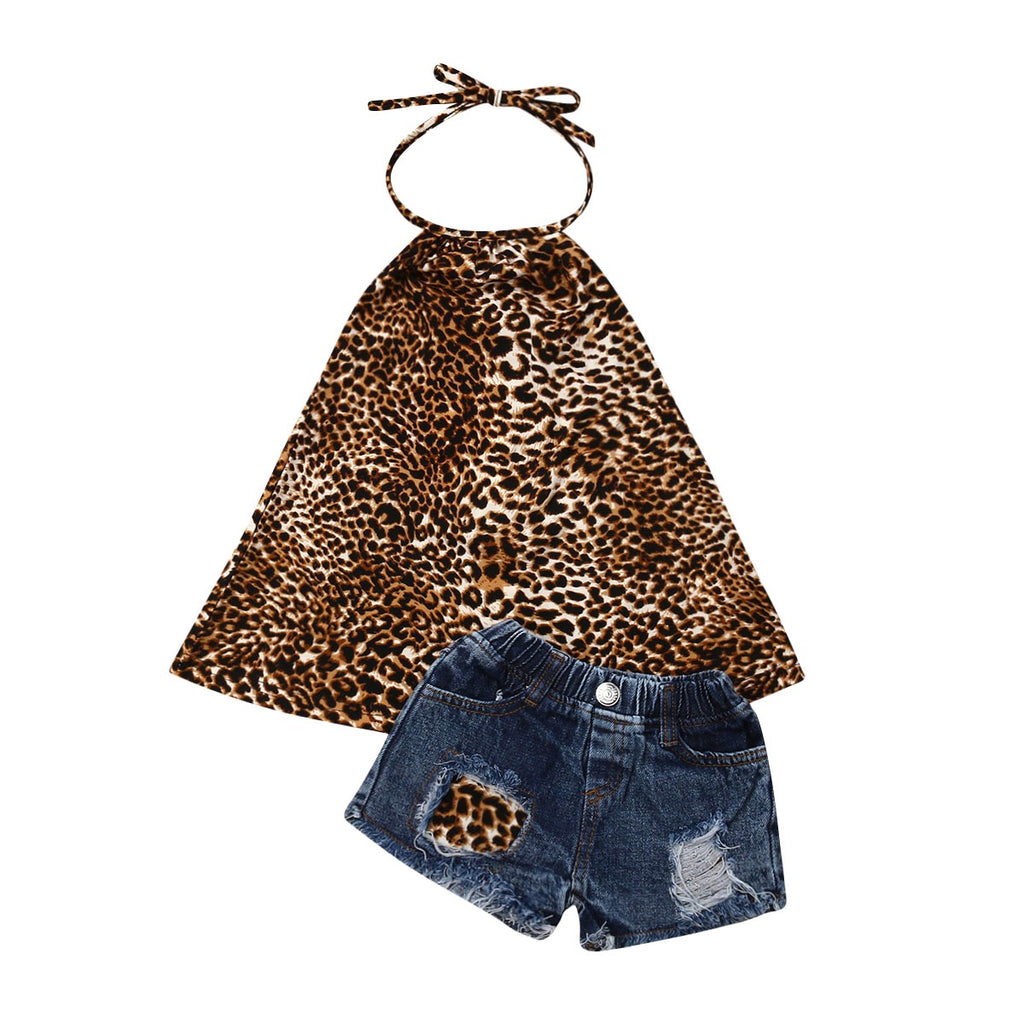 Leopard print halter top and distressed shorts