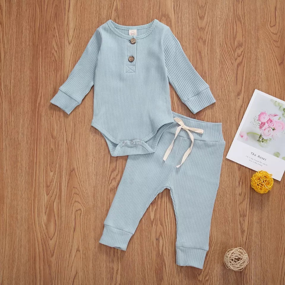Basic Baby Ribbed Onesie and Pants Set - Blue
