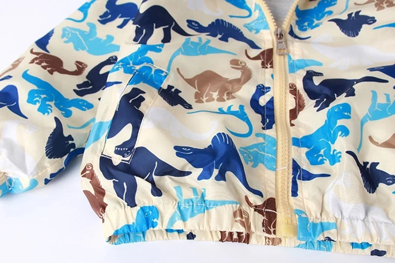 Windbreaker Hoodie Jacket - Blue and Tan Dinosaur